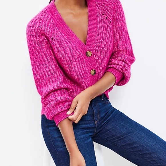 Loft Women’s Pointelle V-Neck Chunky Sweater Cardigan in Fresh Magenta, Large - Picture 1 of 7